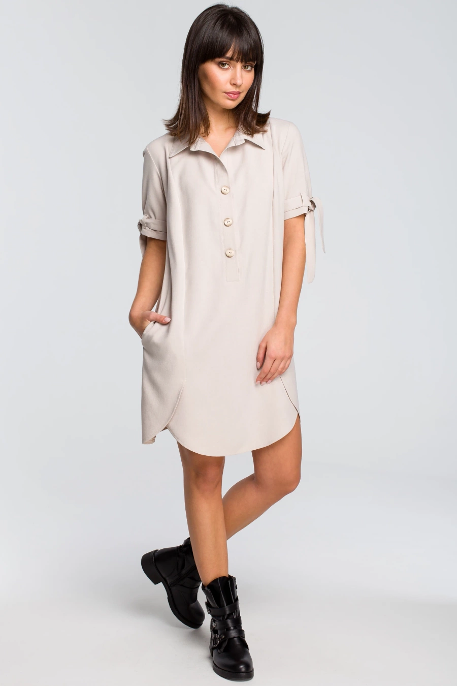 Tunika koszulowa z kołnierzykiem beżowa lniana