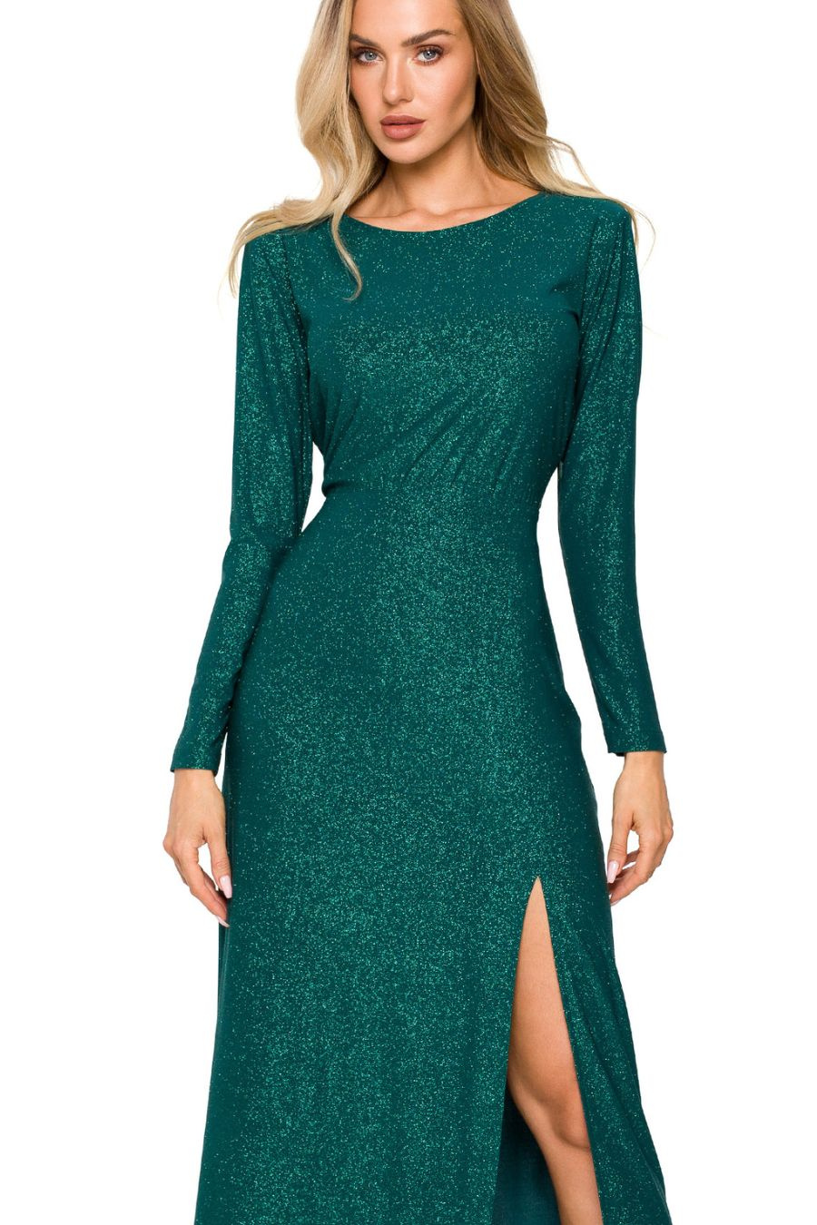 Suknia wieczorowa z rozcięciem na nodze długi rękaw butelkowa zieleń