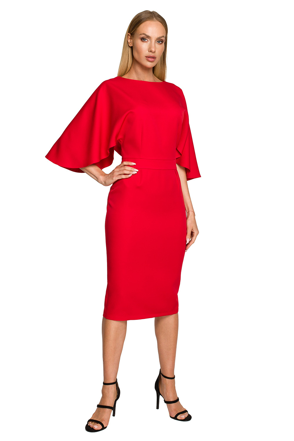 Sukienka Sukienka elegancka ołówkowa z szerokimi rękawami czerwona z pelerynką