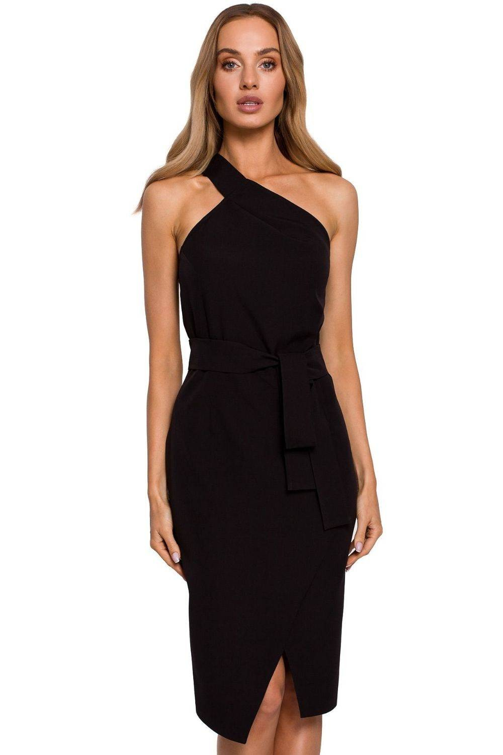 Sukienka Sukienka elegancka ołówkowa na jedno ramię z rozcięciem czarna