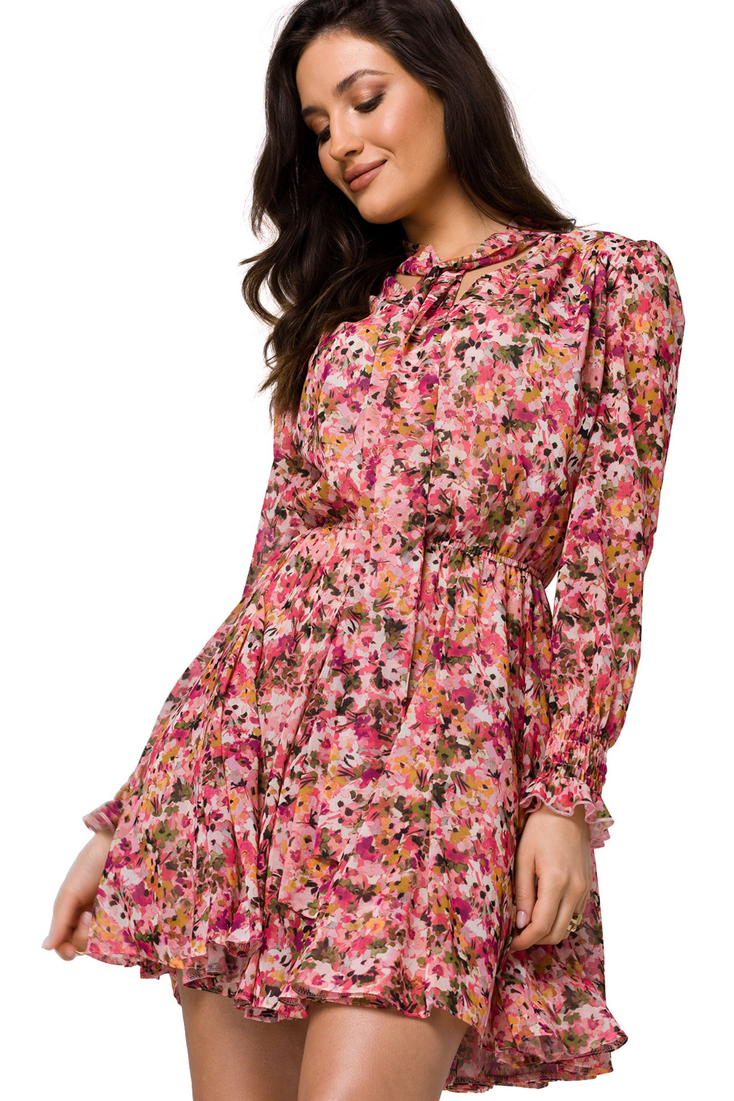 Sukienka Sukienka szyfonowa rozkloszowana w kwiaty różana