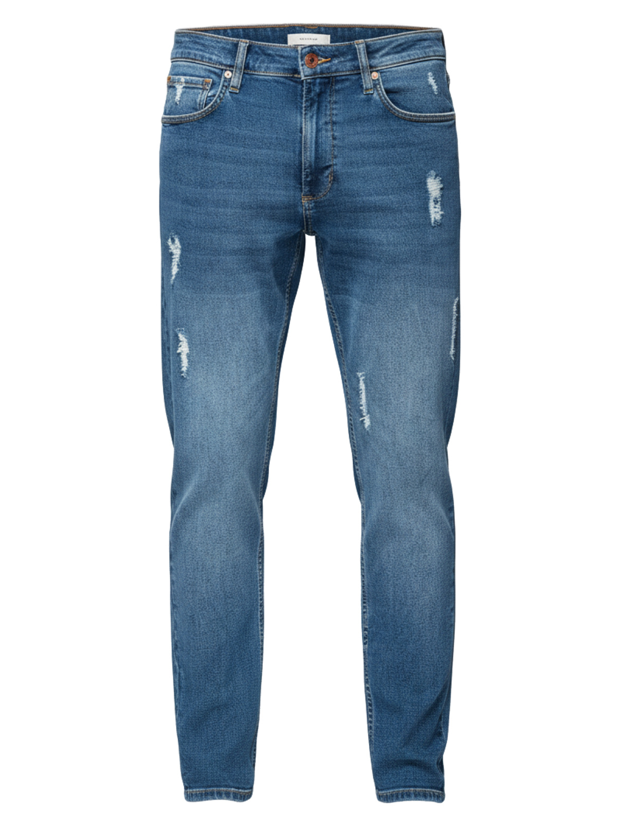 Męskie spodnie jeansowe SLIM FIT z przetarciami - ciemnoniebieskie V2 - Rozmiar: XL