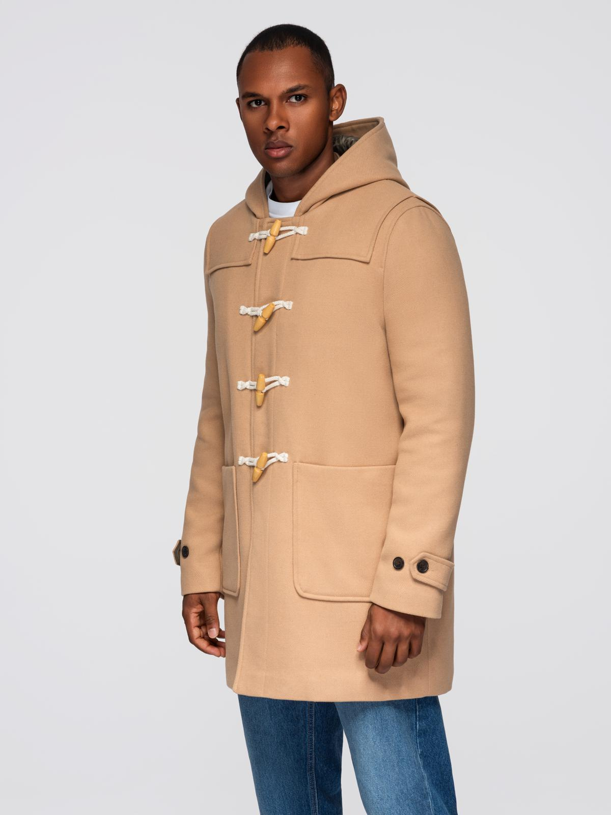 Płaszcz męski z wełną i kapturem duffle coat – jasnobrązowy V1