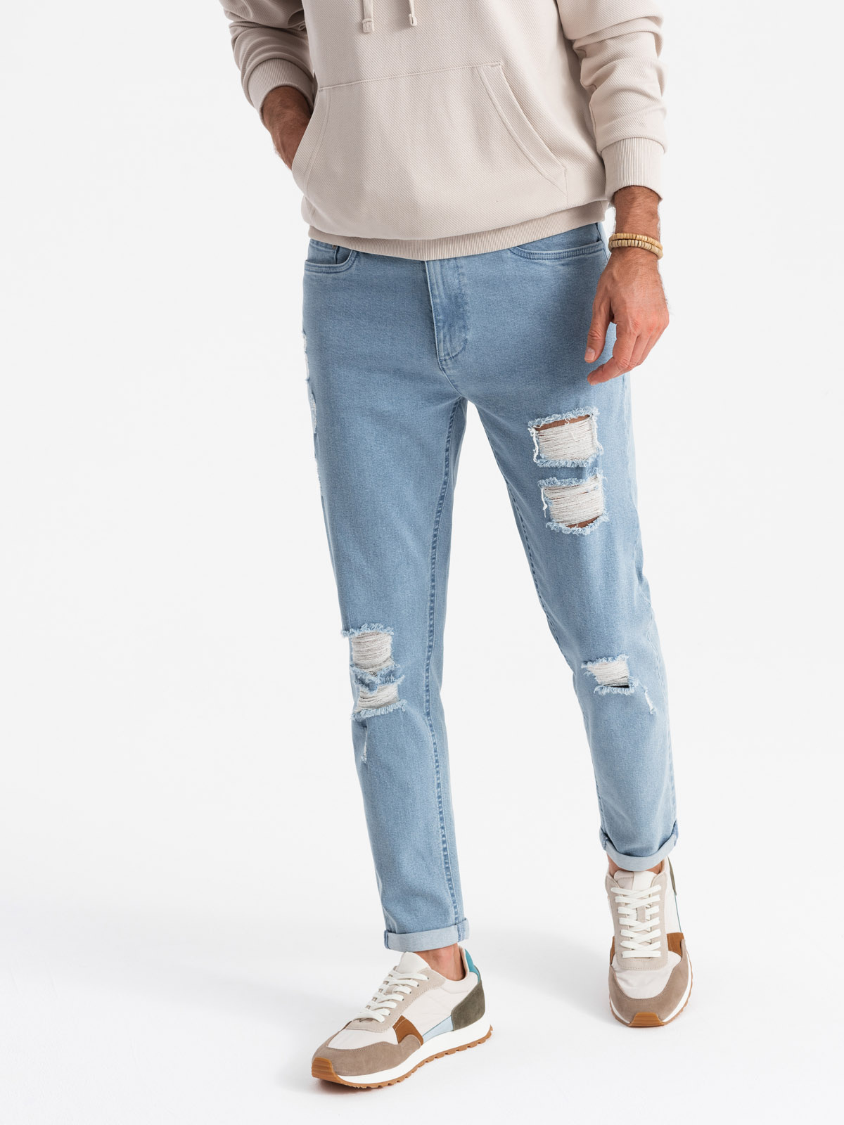 Washowane męskie jeansowe spodnie TAPERED FIT z przetarciami – błękitne V1 - Rozmiar: XL