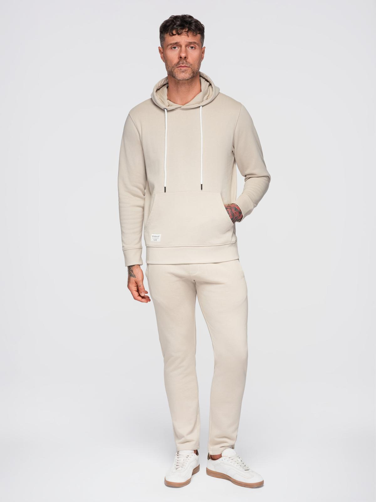 Komplet dresowy męski set bluza z kapturem + spodnie regular fit - beżowy V1 - Rozmiar: M
