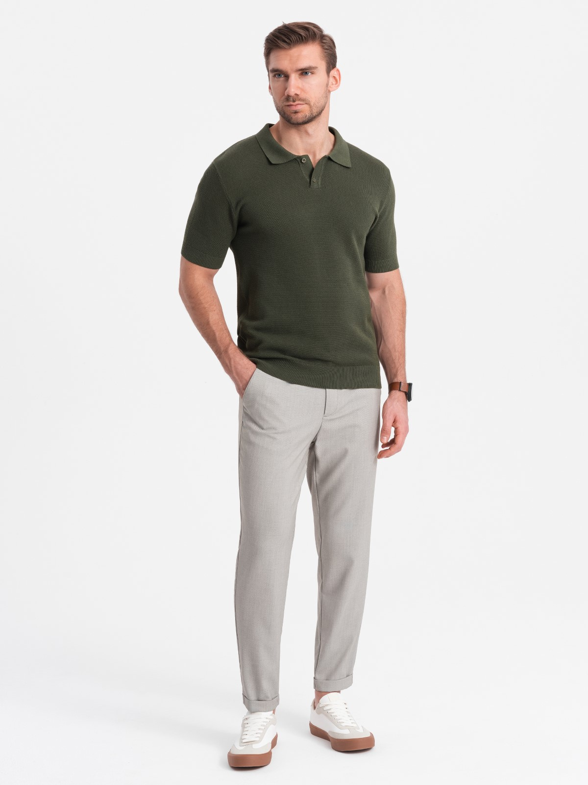 Męskie spodnie chino REGULAR FIT z gumką w pasie – szaro-beżowe V1 - Rozmiar: S