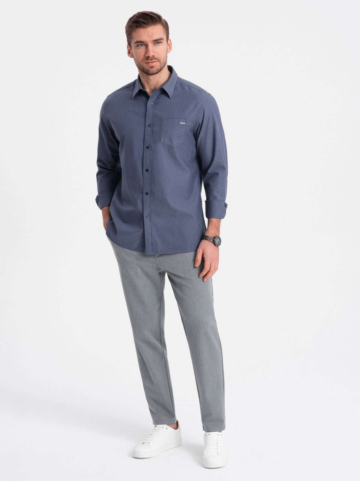 Męskie spodnie chino z gumką w pasie SLIM FIT - szare V1 - Rozmiar: L