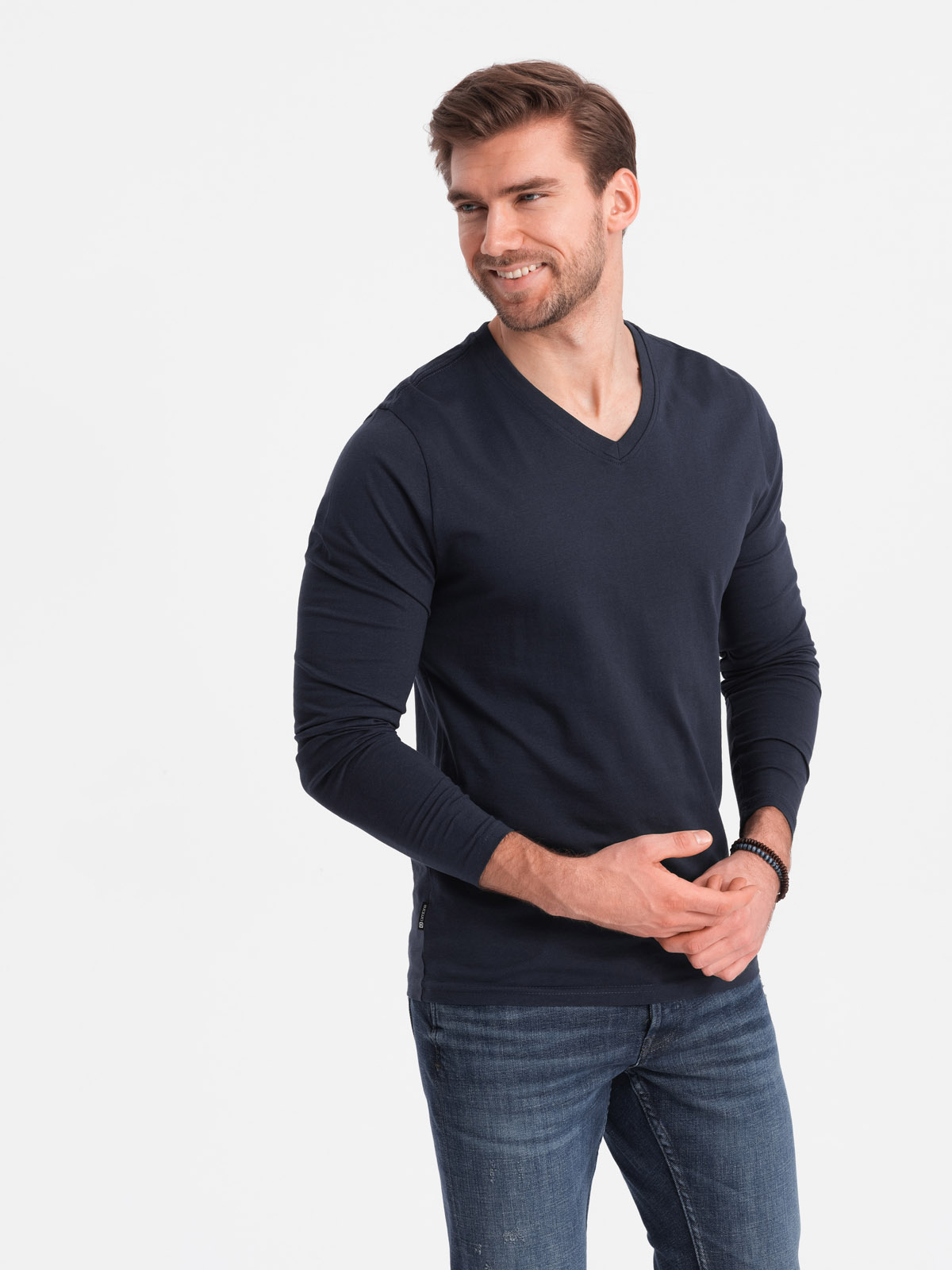 Męski longsleeve bez nadruku z dekoltem w serek - granatowy V5 - Rozmiar: XL
