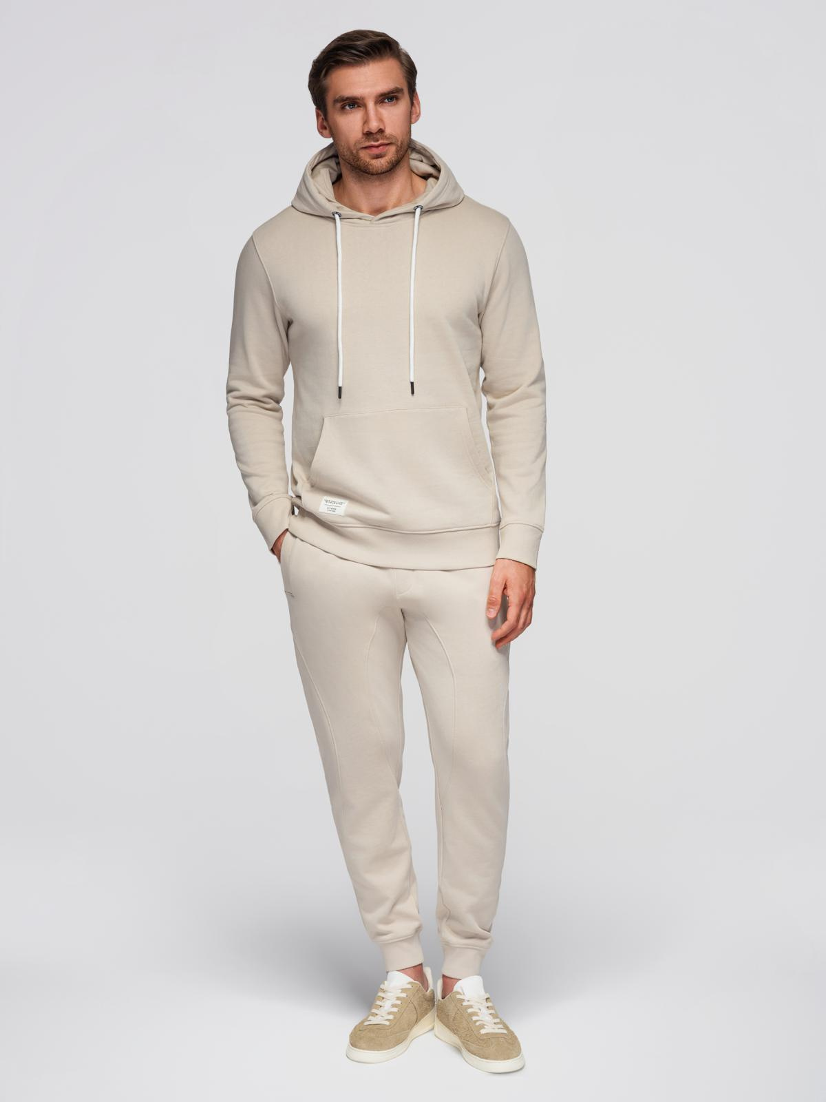 Męski bawełniany komplet dresowy bluza kangurka + spodnie joggery - jasnobeżowy V1 - Rozmiar: XL