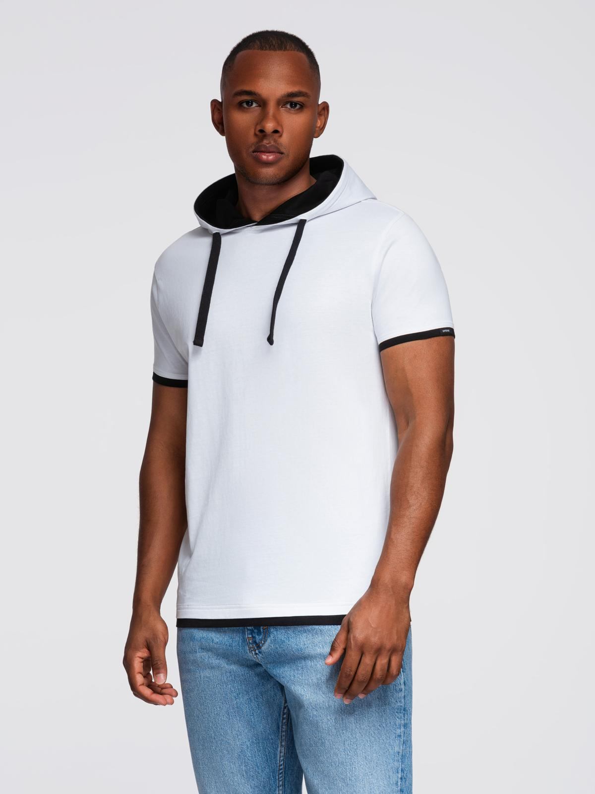 Męski t-shirt bawełniany z kapturem – biały V1 - Rozmiar: XL