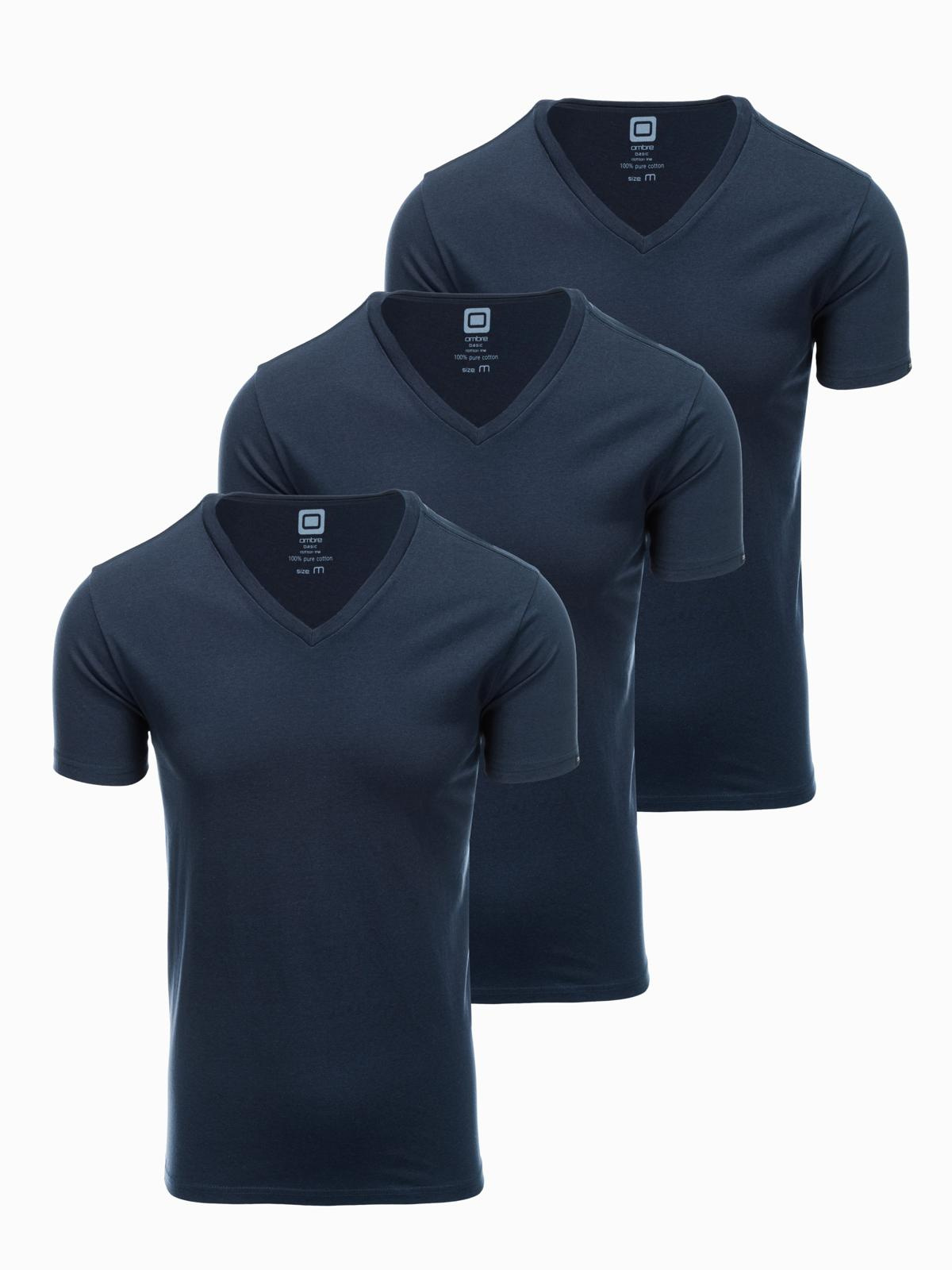 Zestaw męskich koszulek bawełnianych V-neck BASIC – 3x granatowy V10 - Rozmiar: S