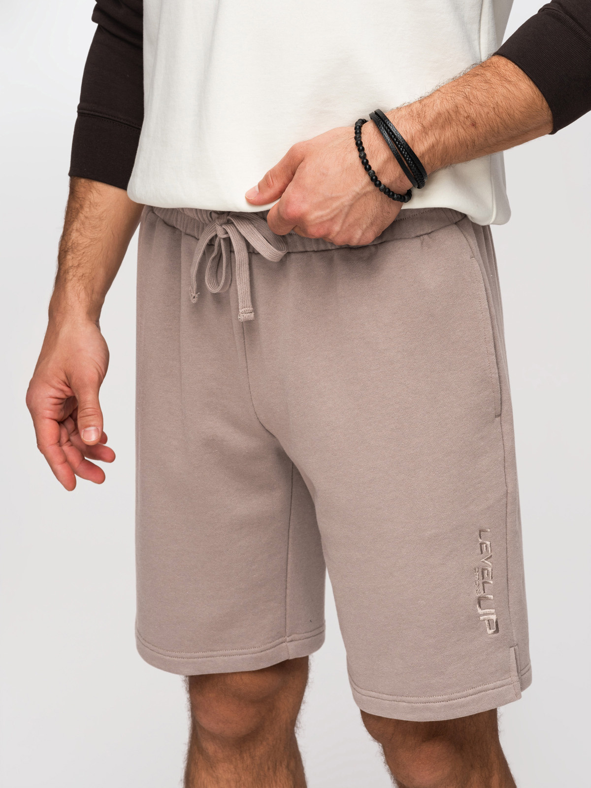 Szorty męskie REGULAR FIT z dzianiny french terry - ciemnobeżowe V2