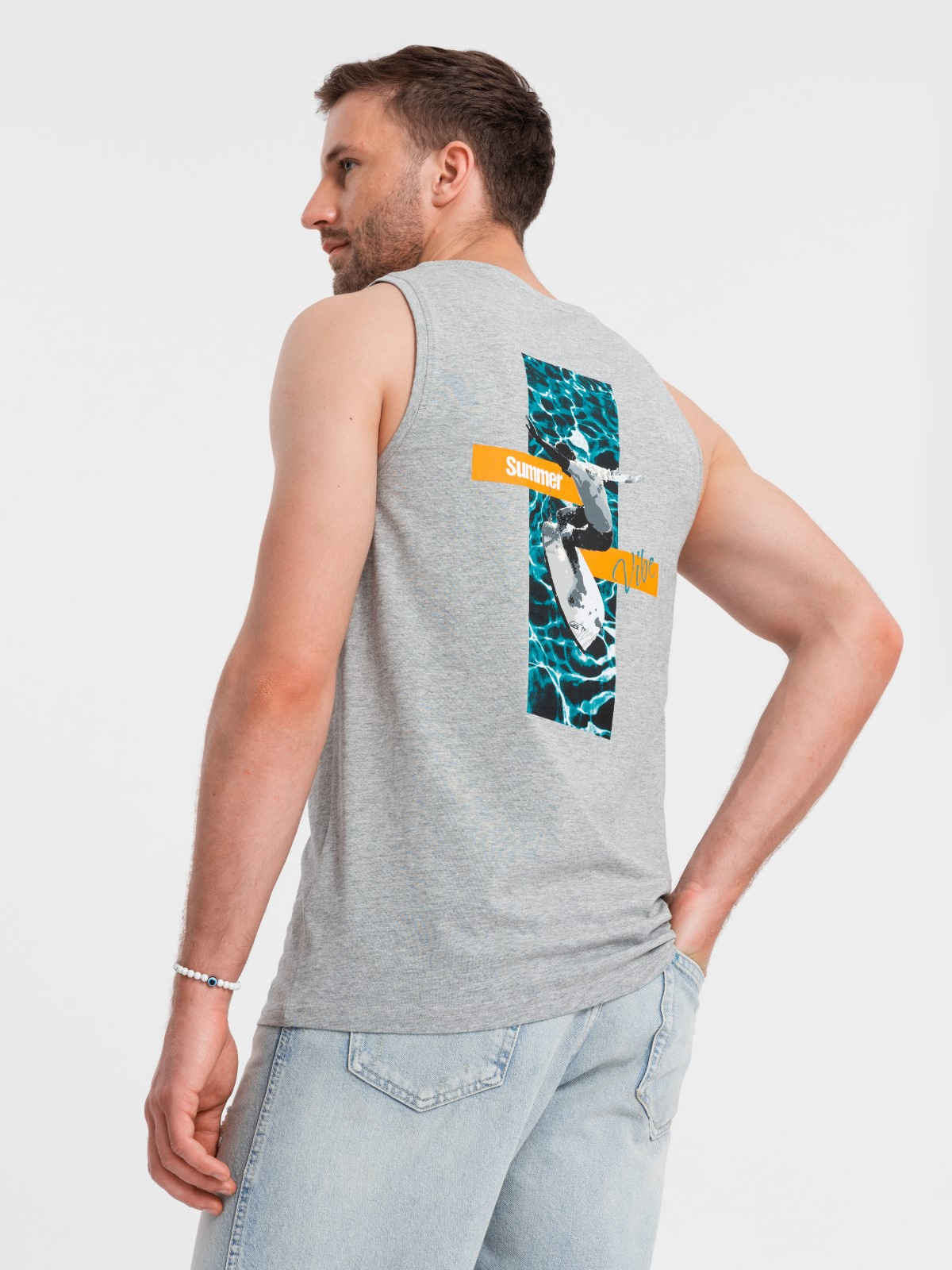Bawełniany tank top męski z nadrukiem Summer Vibe – szary melanż V3 - Rozmiar: S