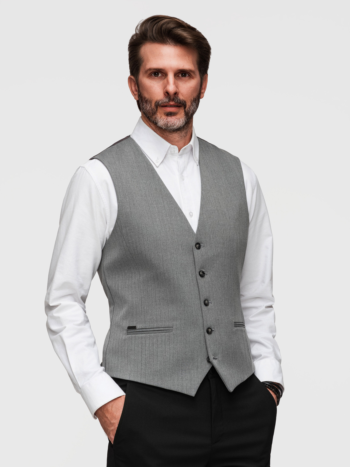 Elegancka klasyczna męska kamizelka w jodełkę SLIM FIT - szara V1 - Rozmiar: S