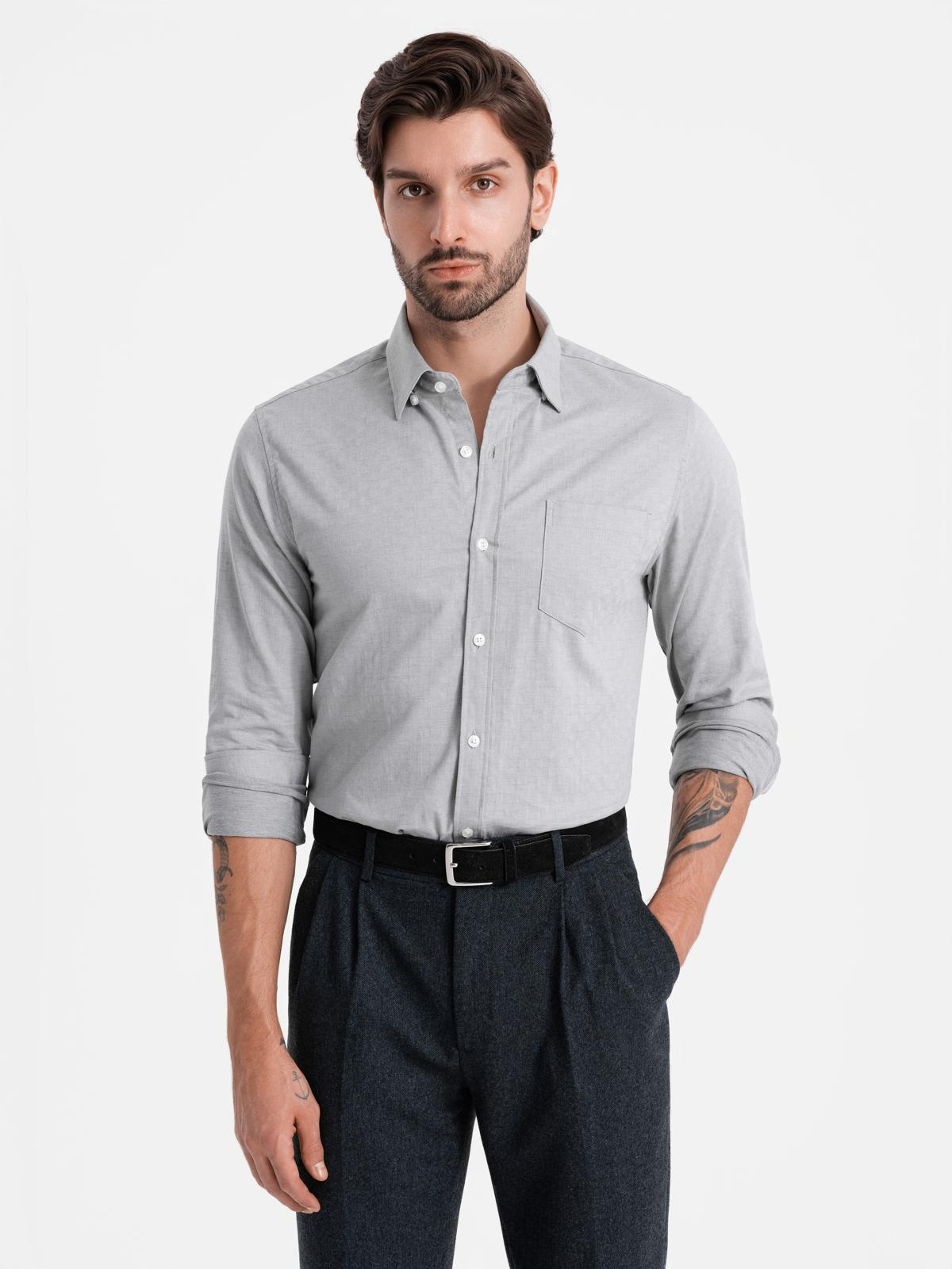 Koszula męska SLIM FIT z ozdobnej tkaniny z kieszonką – szara V2 - Rozmiar: XXL