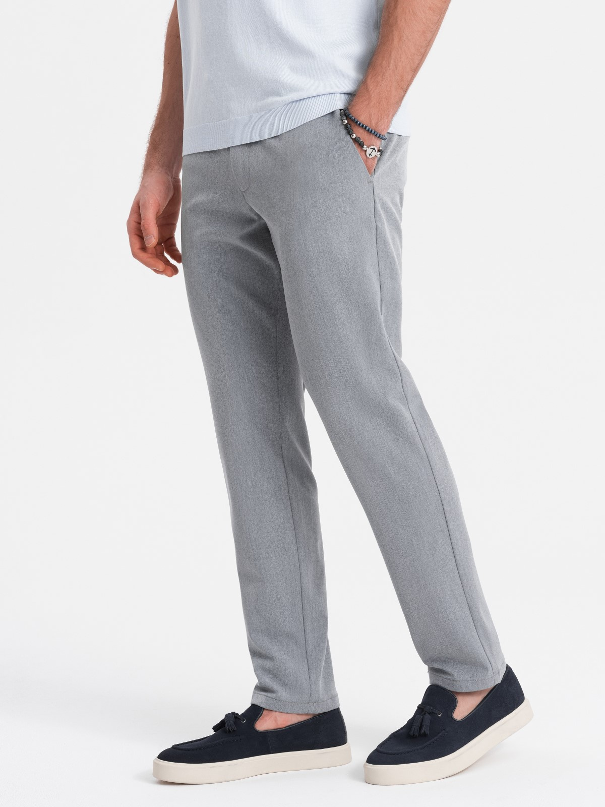 Eleganckie męskie spodnie chino SLIM FIT - jasnoszare V1 - Rozmiar: L