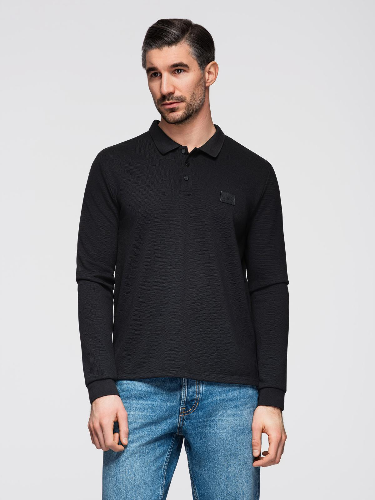Strukturalny męski longsleeve polo z naszywką – czarny V1
