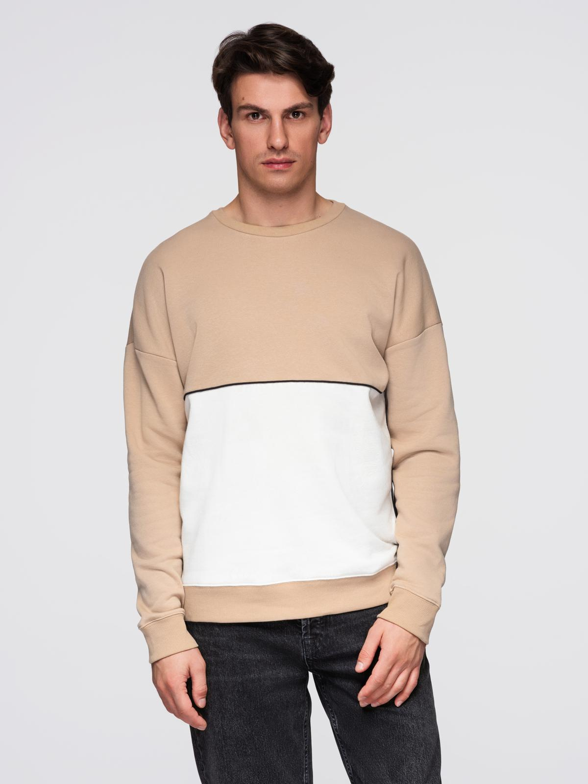 Bluza męska OVERSIZE z kontrastowym łączeniem kolorów - beżowa V2 - Rozmiar: XL