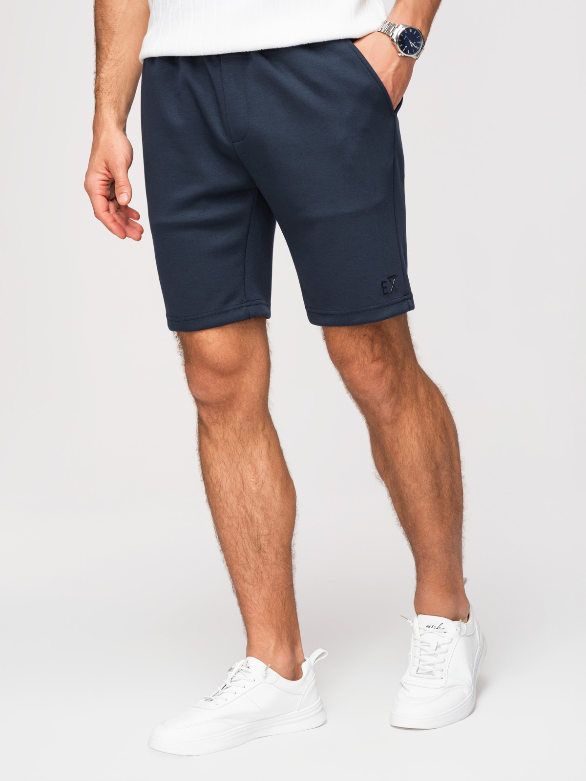 Szorty męskie z gładkiej dzianiny REGULAR FIT - granatowe V4