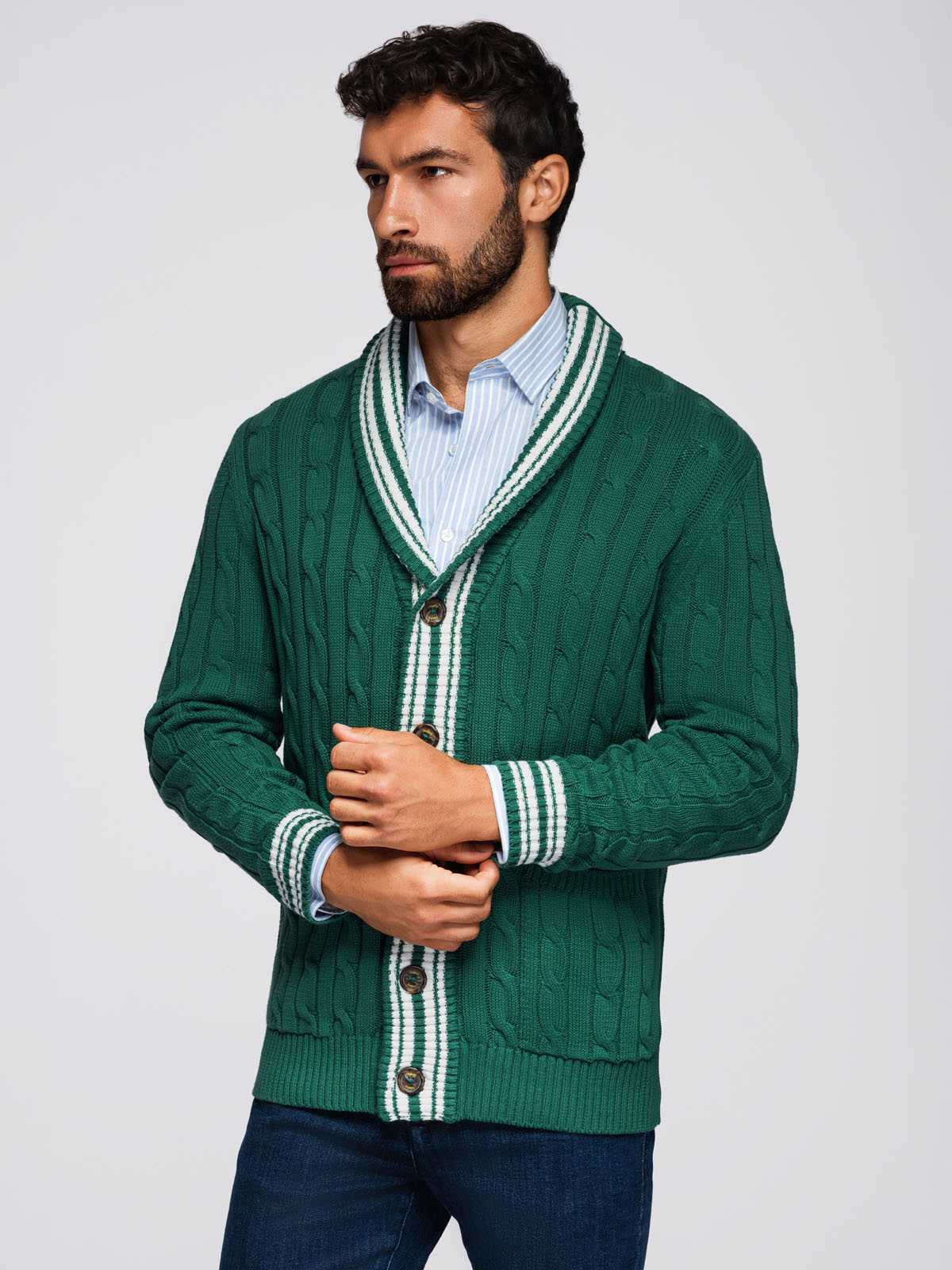 Męski sweter kardigan z szalowym kołnierzem w stylu preppy - zielony V2