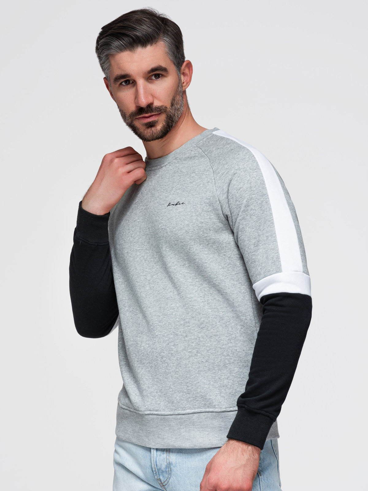 Trójkolorowa męska bluza dresowa z raglanowymi rękawami – szara V1