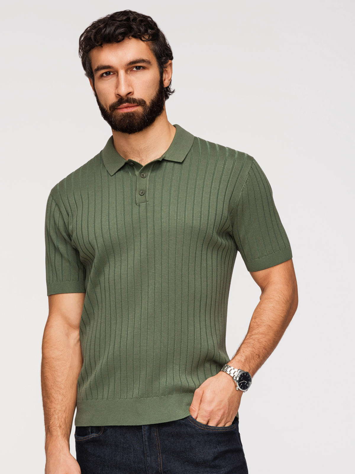 Koszulka męska polo z wiskozą SLIM FIT w pionowy prążek – oliwkowa V4 - Rozmiar: XXL