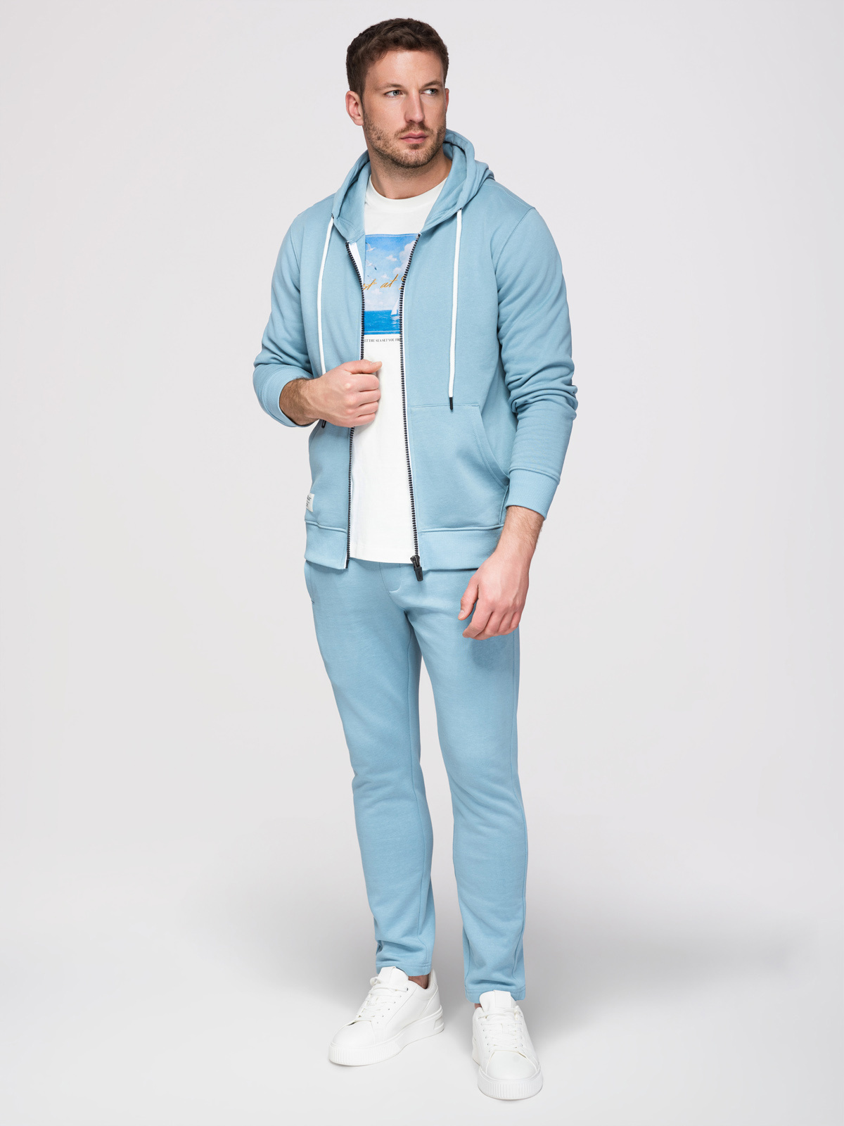 Komplet dresowy męski set bluza rozpinana z kapturem + spodnie z prosta nogawką - jasnoniebieski V7