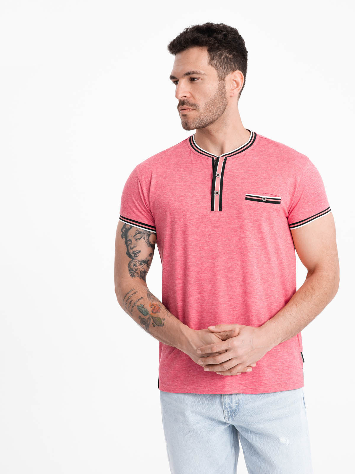 T-shirt męski henley z ozdobnymi ściągaczami - czerwony V1 - Rozmiar: L