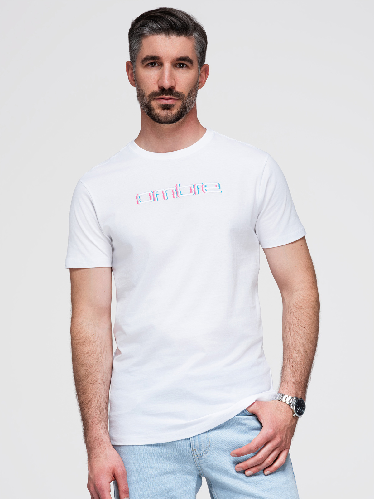 T-shirt męski z haftem na klatce piersiowej – biały V2 - Rozmiar: L
