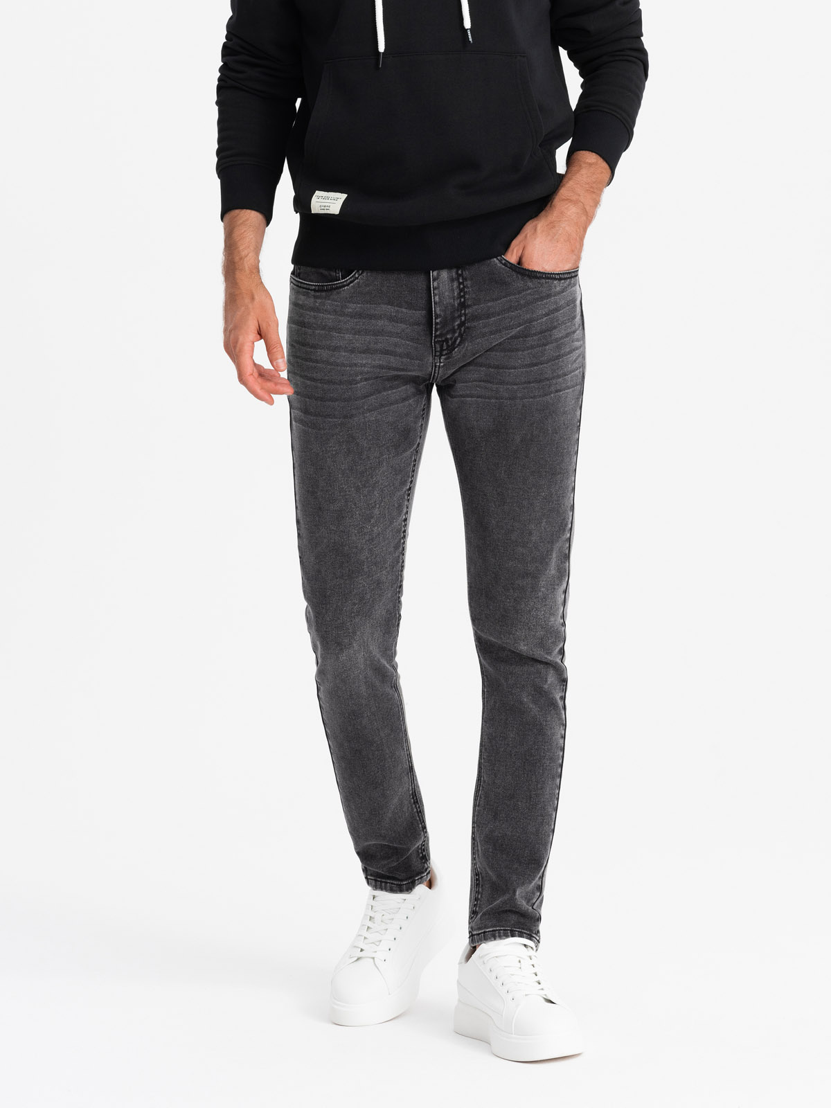 Dopasowane jeansowe męskie spodnie SLIM FIT z elastanem – grafitowe V3 - Rozmiar: L
