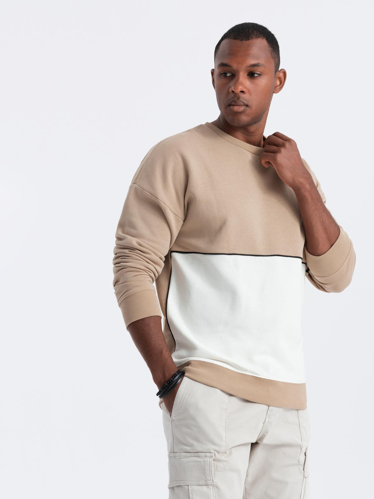 Bluza męska OVERSIZE z kontrastowym łączeniem kolorów - beżowa V2 - Rozmiar: S