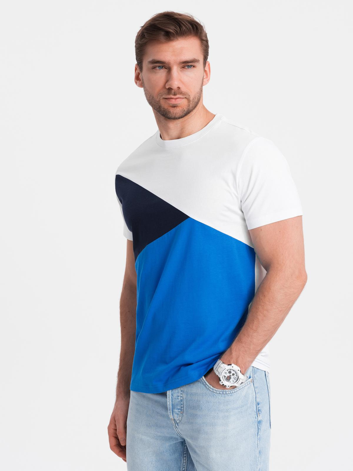 T-shirt męski trójkolorowy bawełniany - biało-niebieski V4 - Rozmiar: S