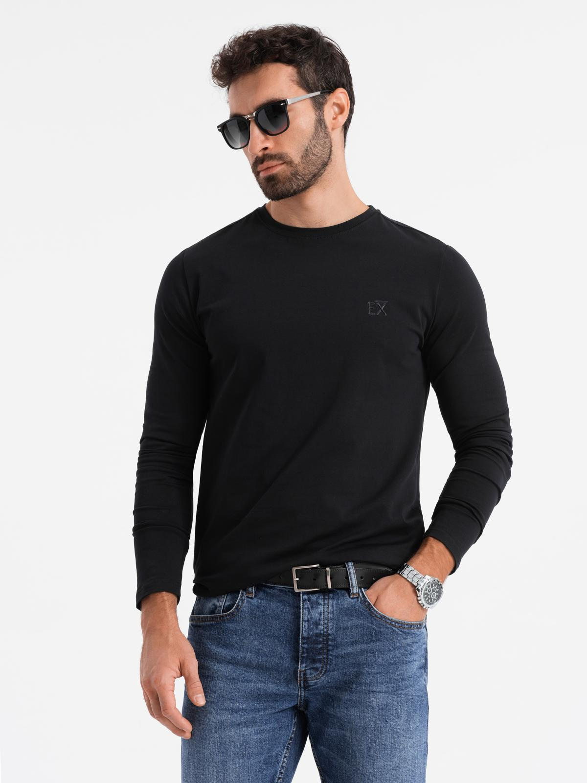 Longsleeve męski SLIM FIT z elastanem i printem – czarny V1 - Rozmiar: XXL