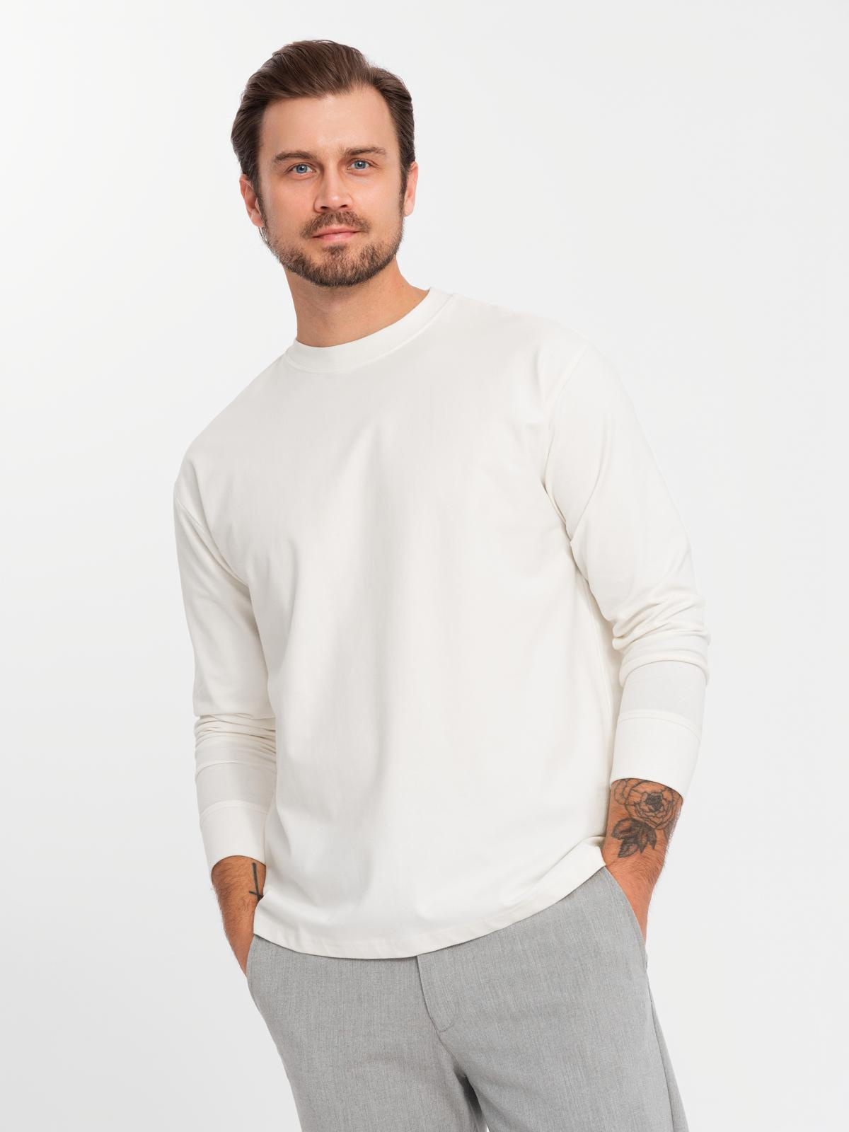 Męski bawełniany longsleeve LOOSE FIT z okrągłym dekoltem – kremowy V2