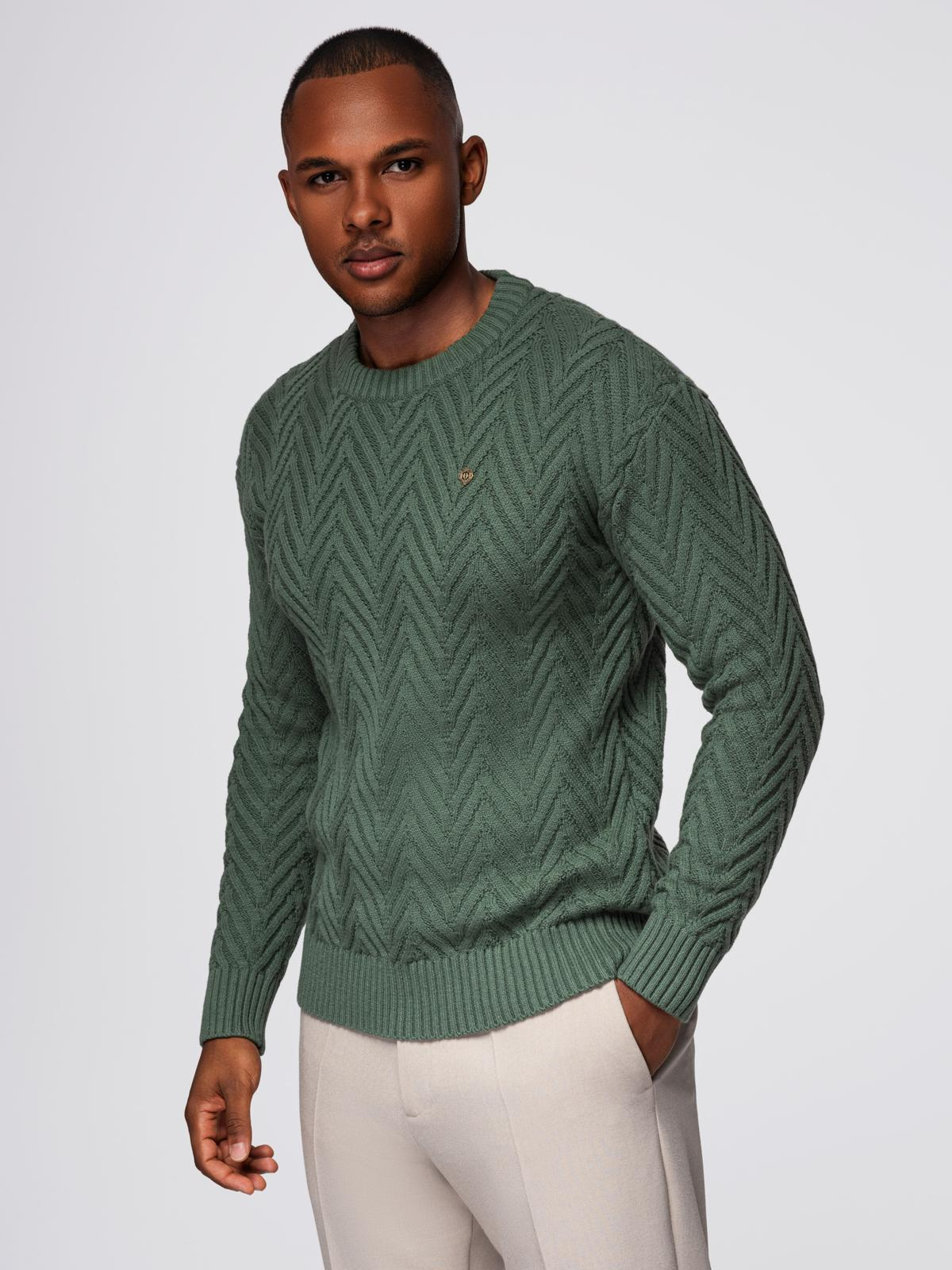 Męski sweter z dzianiny o zygzakowym splocie – zgaszona zieleń V2 - Rozmiar: XL