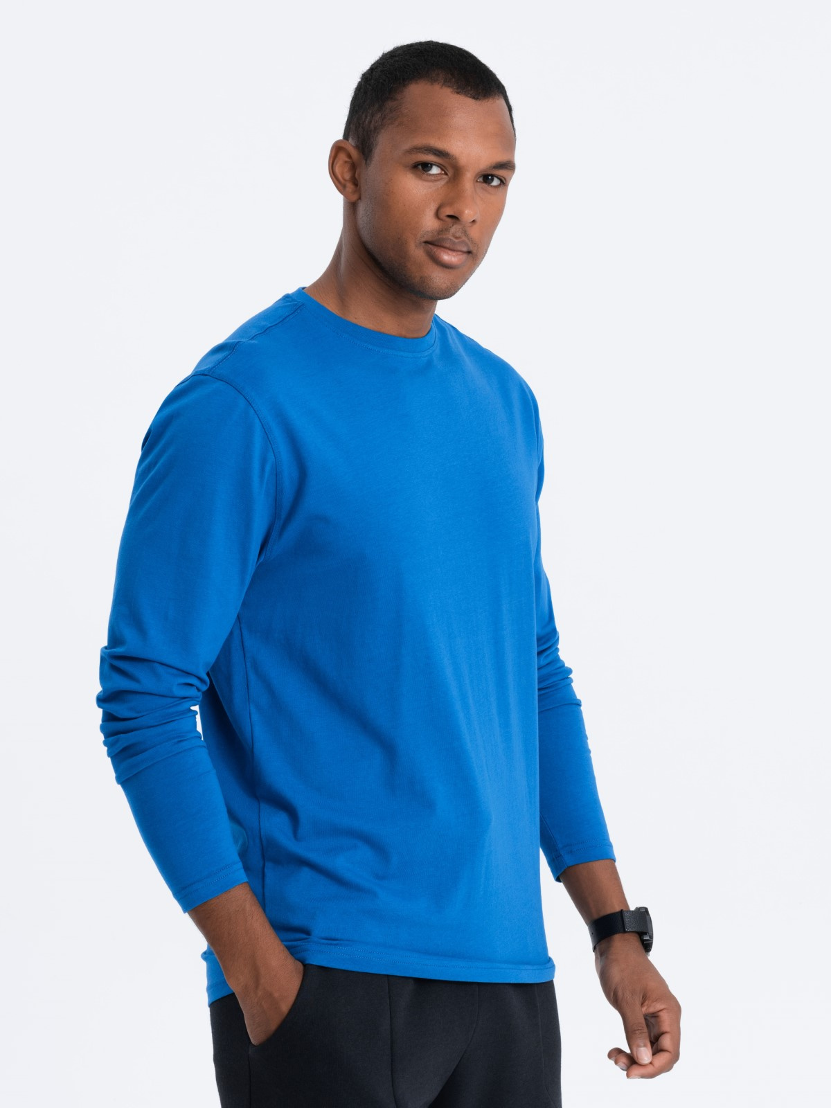 Męski longsleeve BASIC z okrągłym dekoltem - niebieski V9 - Rozmiar: M