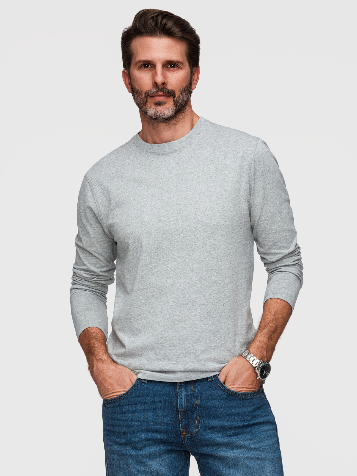 Longsleeve męski BASIC z okrągłym dekoltem - szary melanż V3 - Rozmiar: L