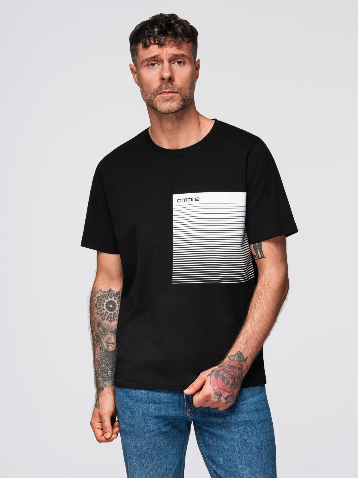 Męski t-shirt bawełniany z graficznym printem – czarny V2 - Rozmiar: M