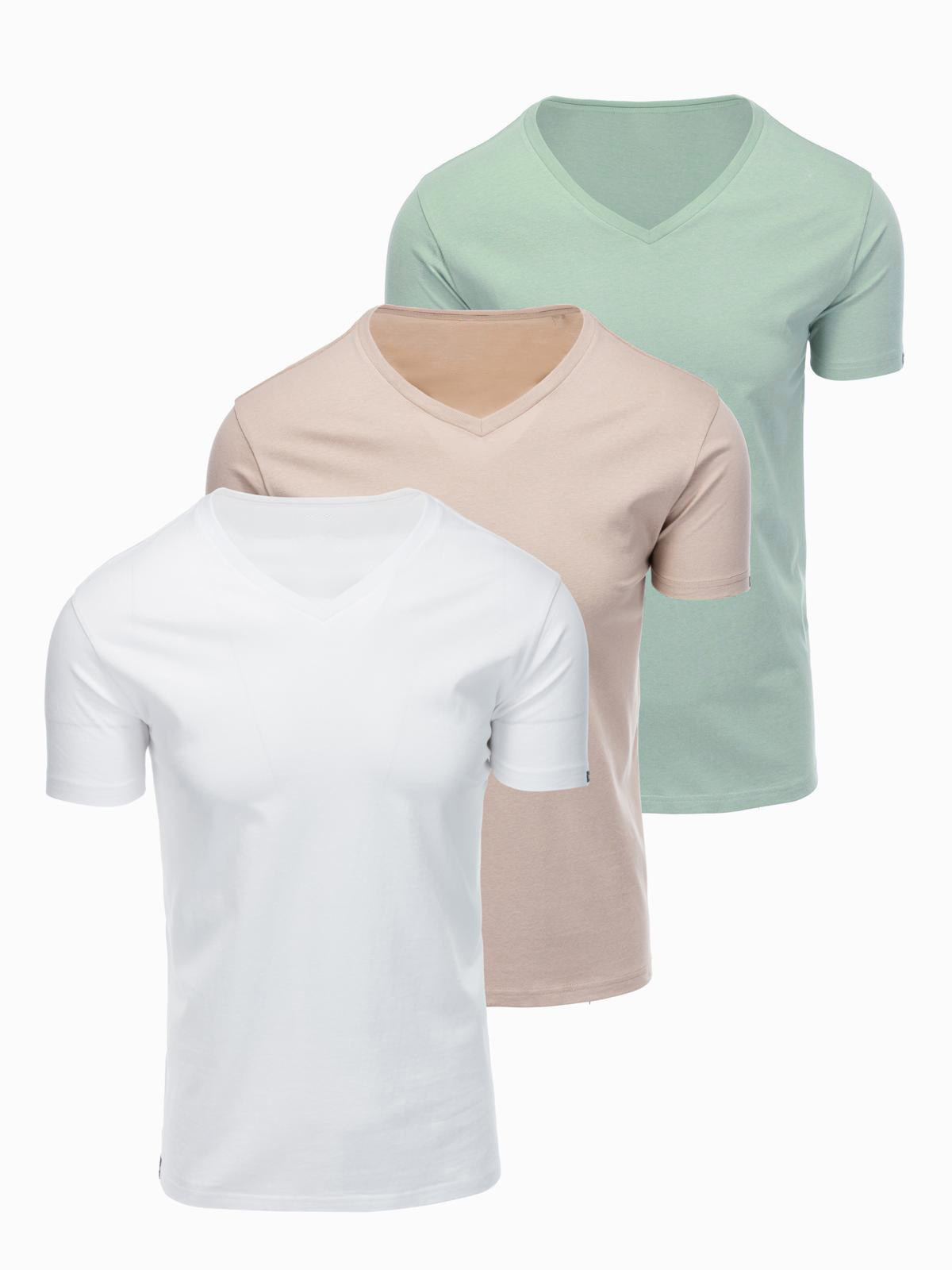 Zestaw bawełnianych koszulek męskich V-neck BASIC – szarozielony/biały/beżowy V14 - Rozmiar: M