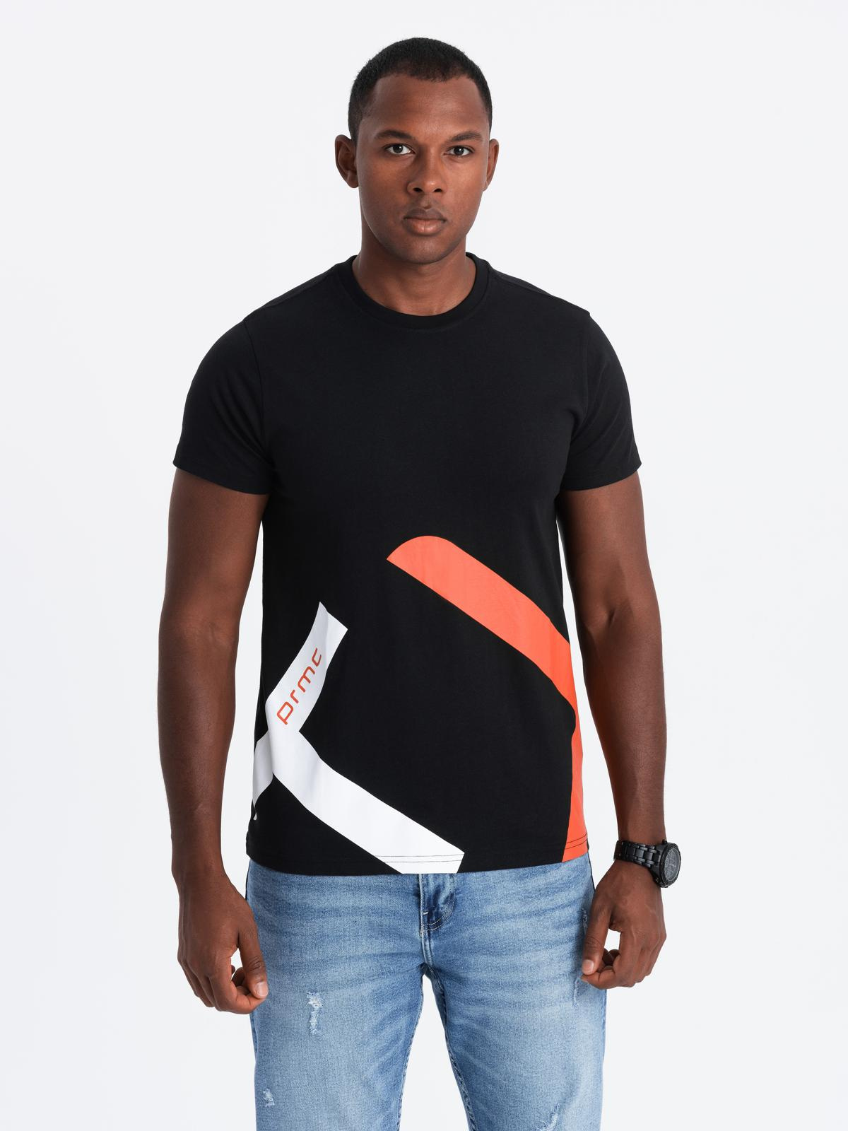 Bawełniany męski t-shirt z kontrastowym dwukolorowym printem – czarny V1 - Rozmiar: S
