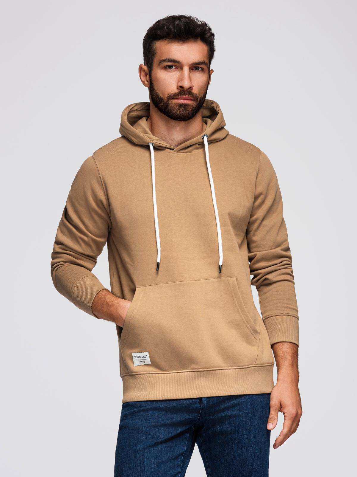 Męska bluza dresowa BASIC kangurka z kapturem - brązowa V2 - Rozmiar: XXL