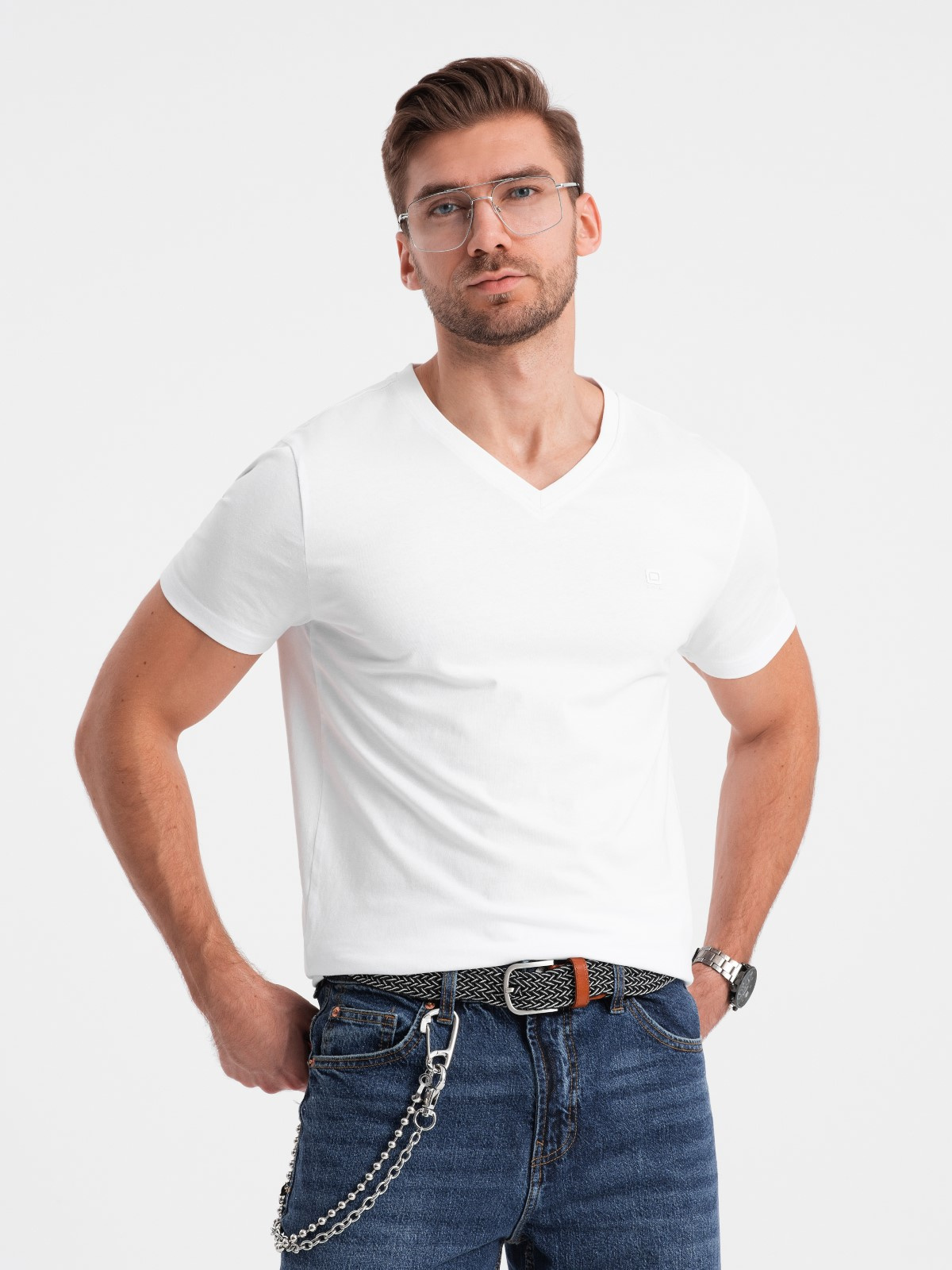T-shirt męski V-NECK z elastanem - biały V1 - Rozmiar: L