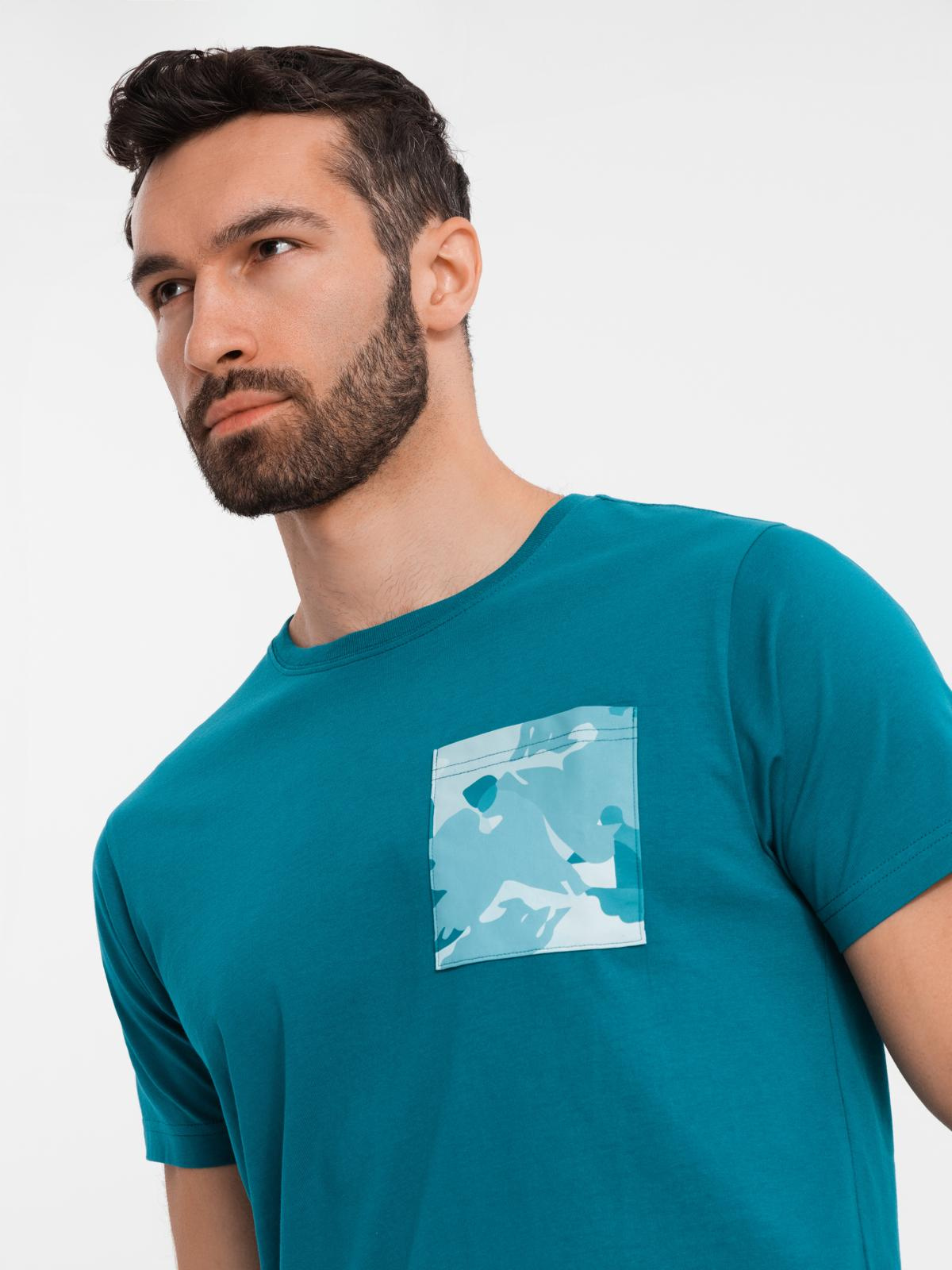 Bawełniany męski t-shirt z printowaną kieszonką – turkusowy V1 - Rozmiar: S