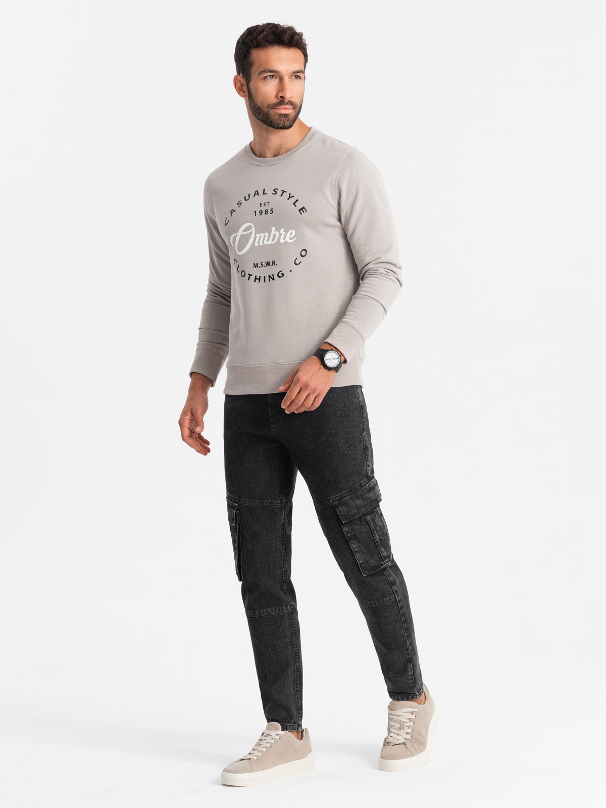 Jeansowe spodnie cargo SLIM FIT z efektem wybielania – czarne V2 - Rozmiar: L