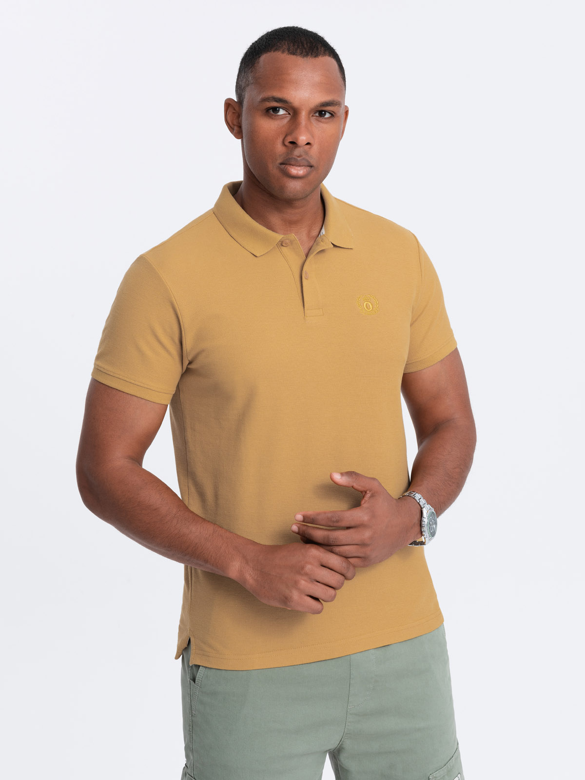 Męska jednokolorowa koszulka polo BASIC z dzianiny pique - musztardowa V8 - Rozmiar: XXL