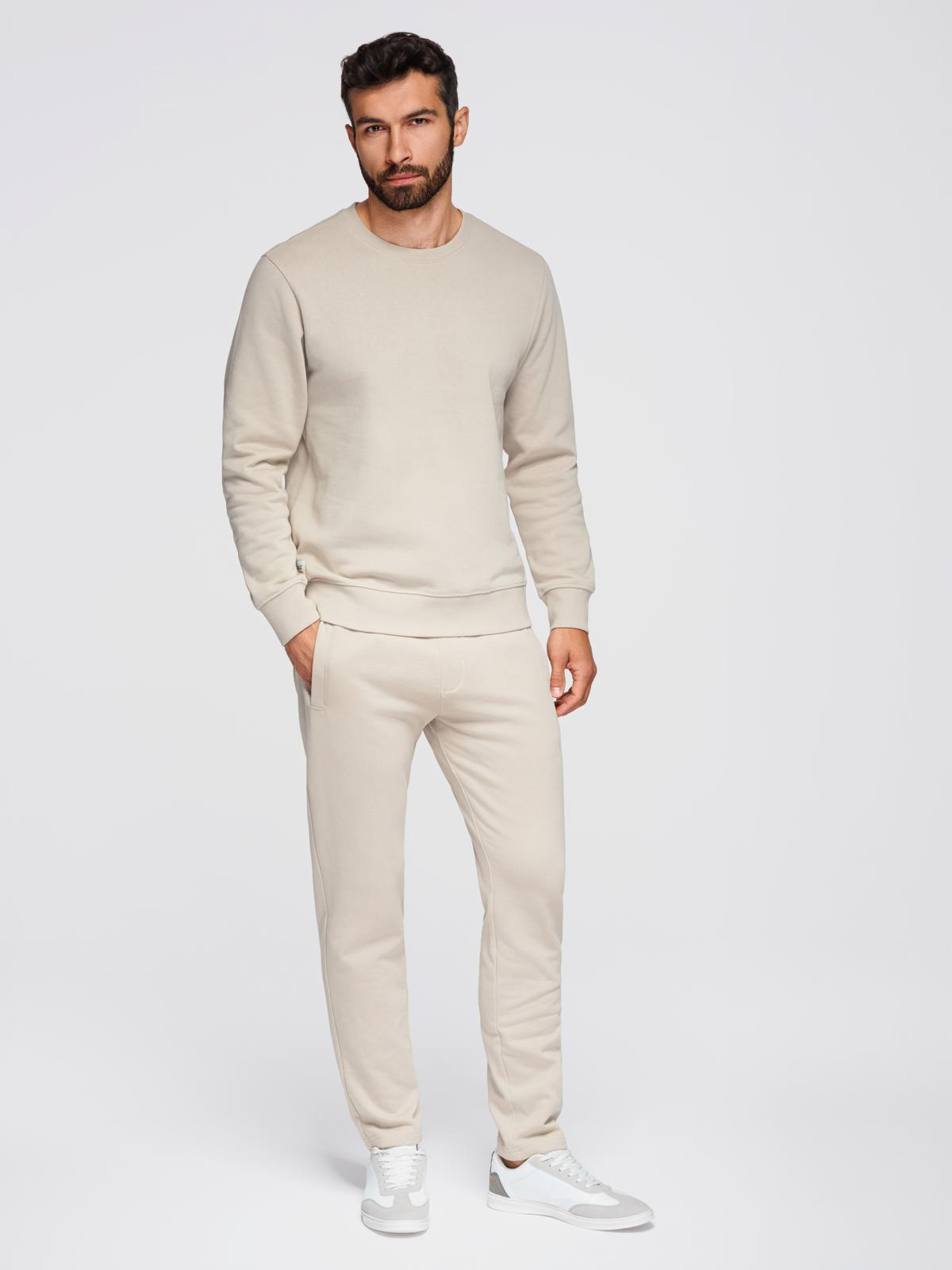 Komplet dresowy męski set bluza z okrągłym dekoltem + spodnie regular fit - beżowy V1 - Rozmiar: XL