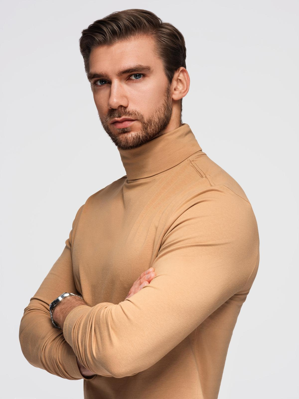Męski longsleeve gładki z golfem - jasnobrązowy V5 - Rozmiar: XXL