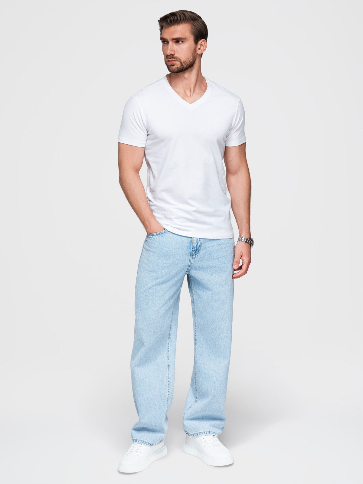 Sygnowany męski t-shirt V-neck z elastanem – biały V1 - Rozmiar: XXL