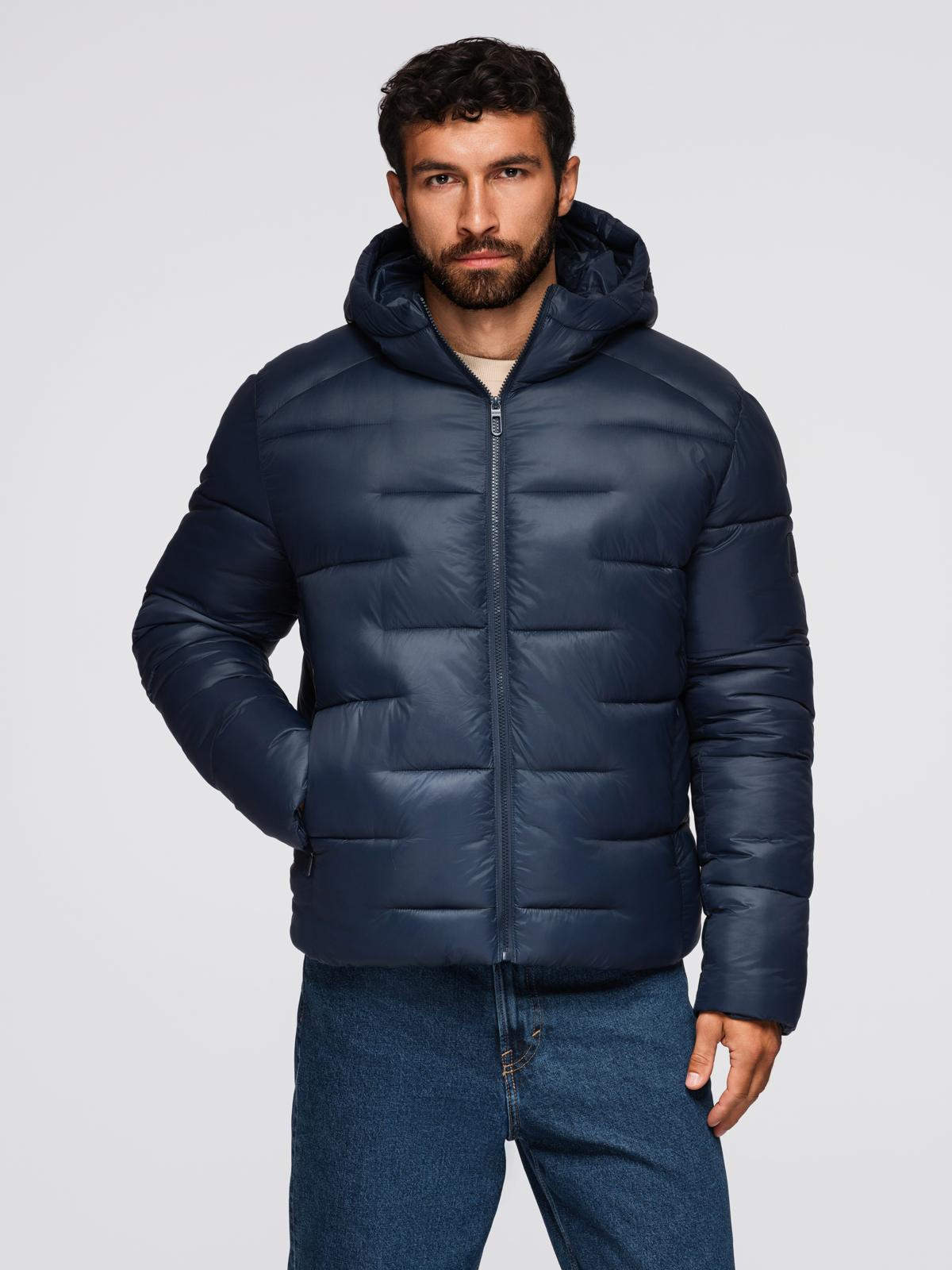 Pikowana kurtka męska puffer z kapturem – granatowa V4 - Rozmiar: M