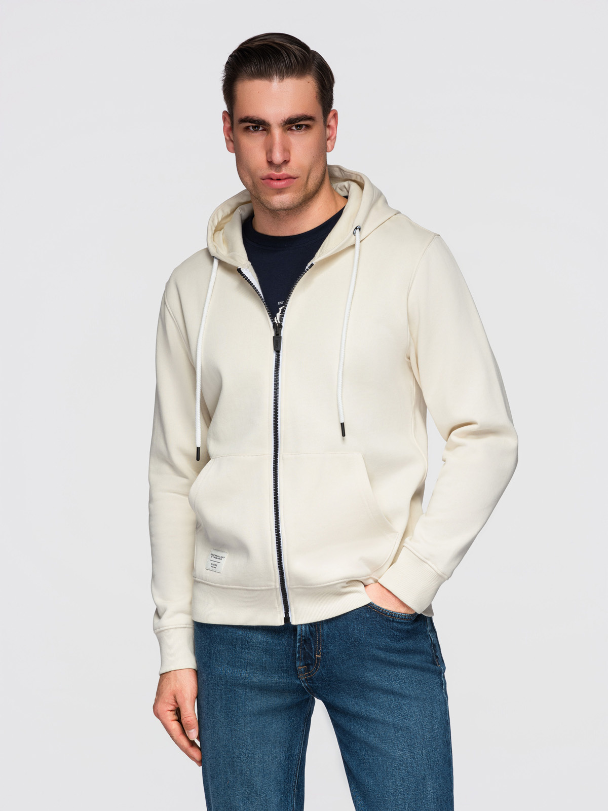Męska bawełniana bluza dresowa BASIC rozpinana z kapturem - kremowa V11 - Rozmiar: XXL